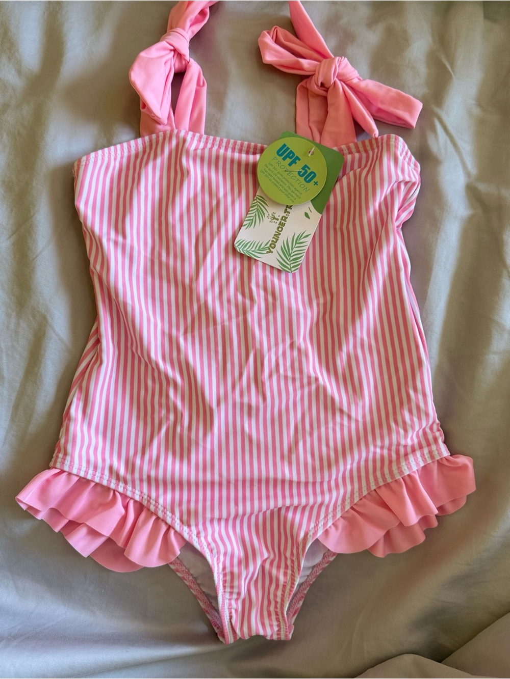 NWT Younger Tree Pink Stripe Ruffle One Piece Swimsuit 6-7T UPF 50+ Girls